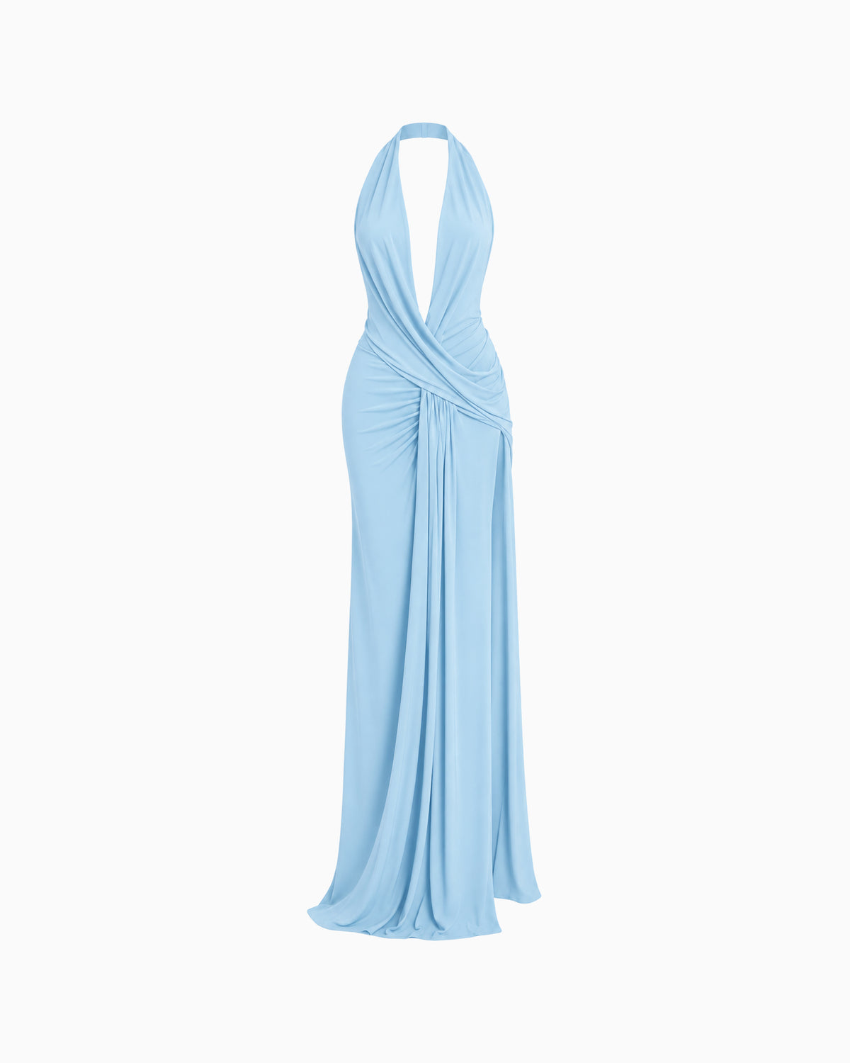 Vestido Longo Frente Única azul com decote profundo e drapeado transpassado, vista frontal