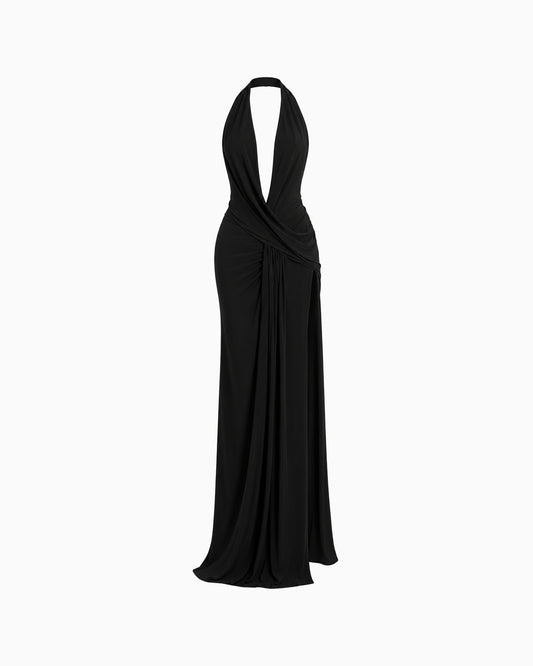 Vestido Longo Frente Única preto com decote profundo e drapeado transpassado, vista frontal