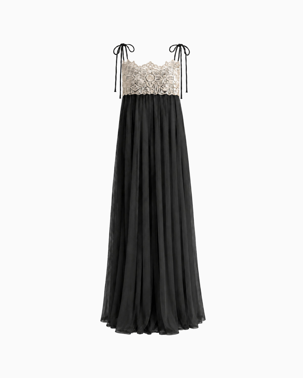 Vestido Longo Tule Com Renda preto, com busto bege rendado, alças de amarração e saia ampla, vista frontal