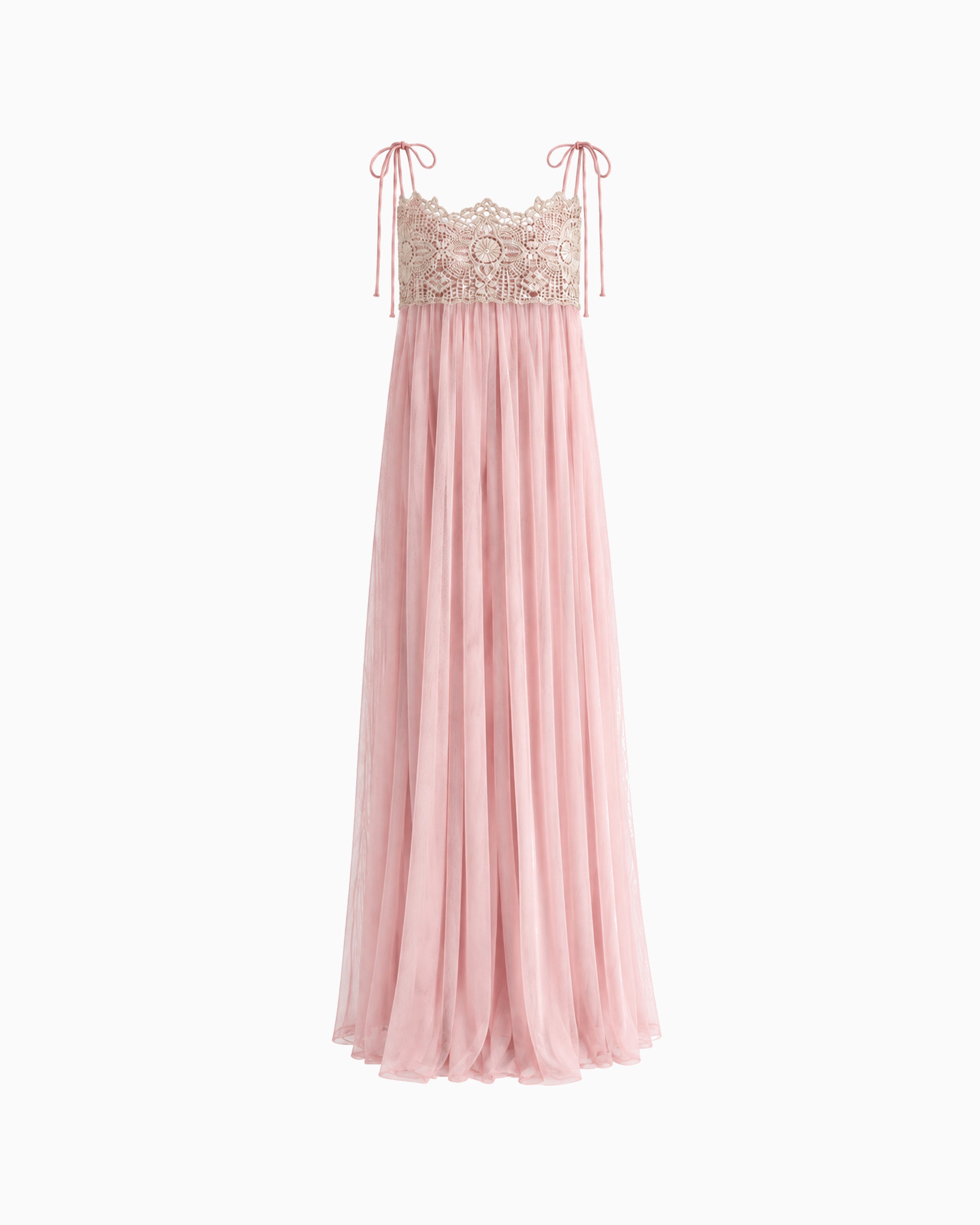 Vestido Longo Tule Com Renda rosa, com busto bege rendado, alças de amarração e saia ampla, vista frontal