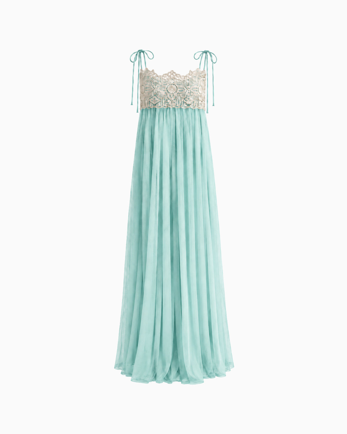 Vestido Longo Tule Com Renda verde-água, com busto bege rendado, alças de amarração e saia ampla, vista frontal