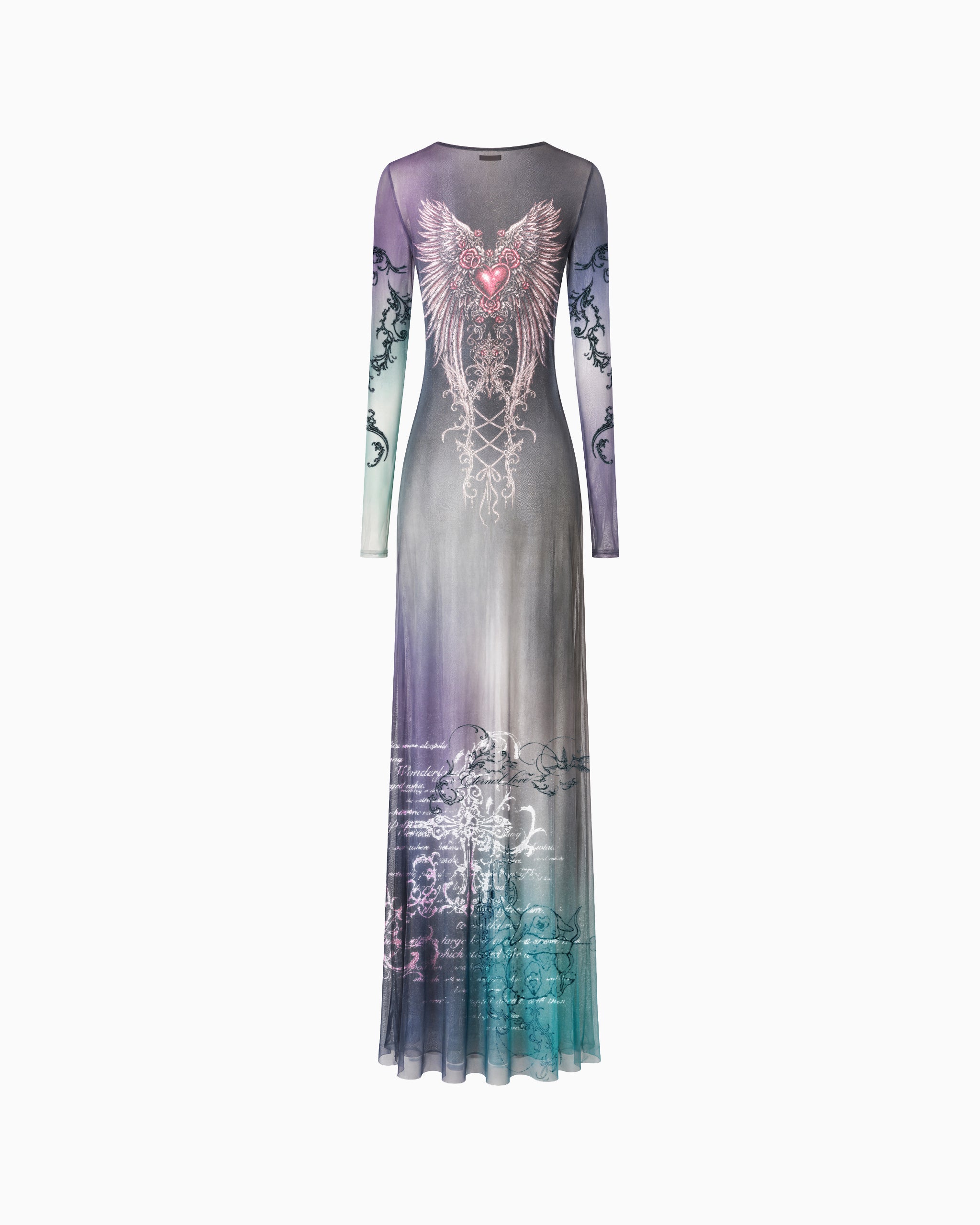 VestidoLongoTuleGothic cinza e multicolorido em tule, com estampa de asas e coração, vista traseira