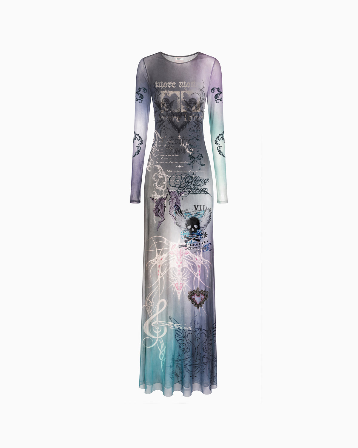 VestidoLongoTuleGothic cinza e multicolorido em tule, com mangas longas e estampa gráfica gótica, vista frontal