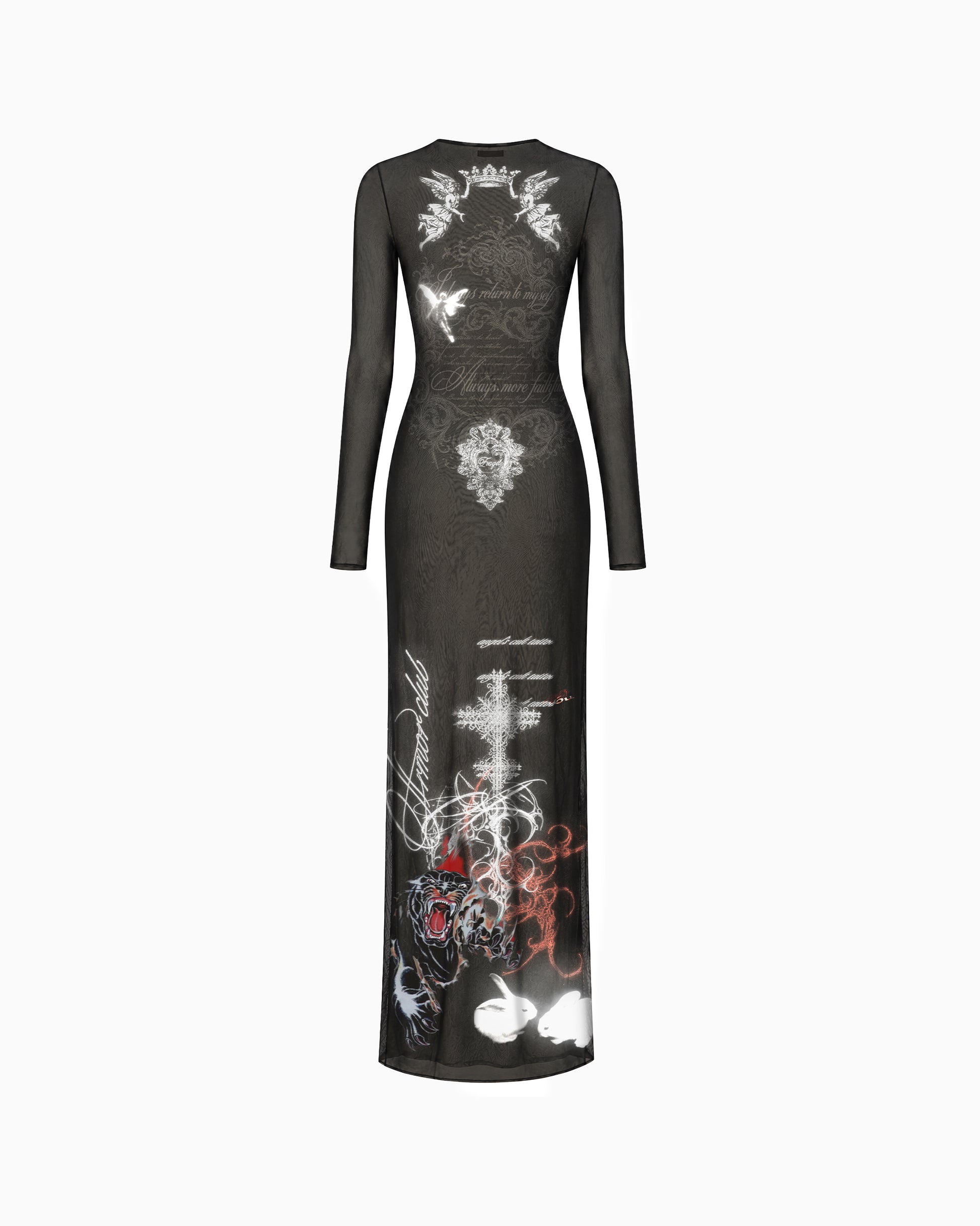 Costas do Vestido Longo Tule Heat Rock preto com transparência e estampa gráfica