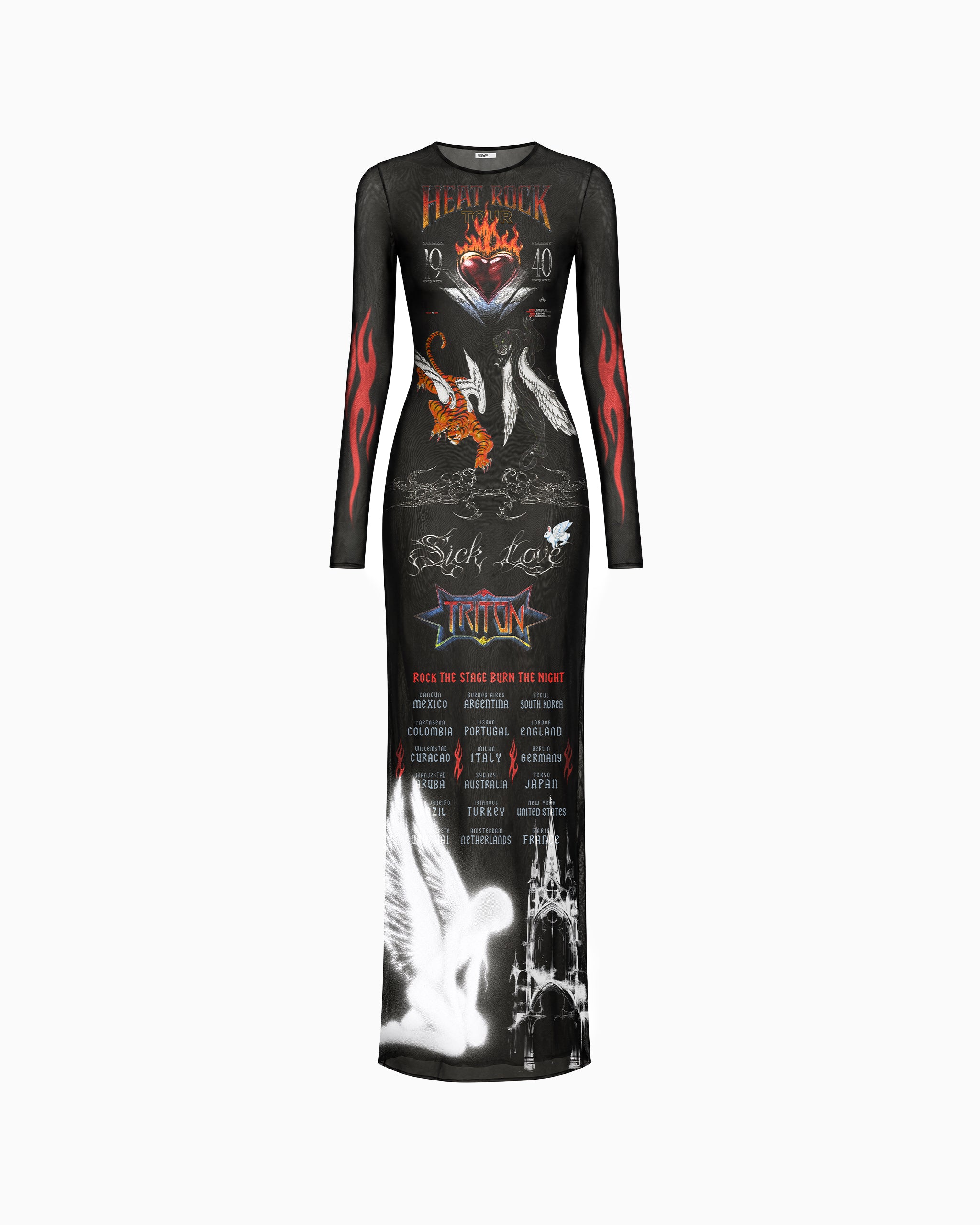 Vista frontal do Vestido Longo Tule Heat Rock preto com mangas longas e estampa gráfica