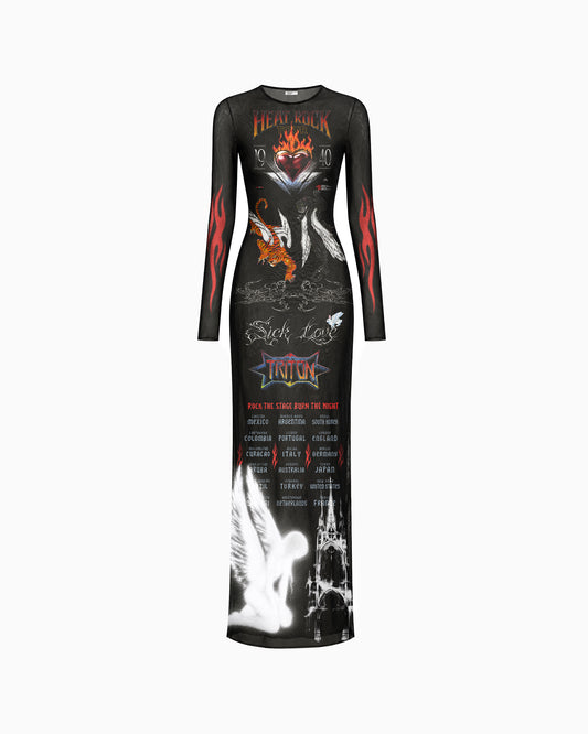 Vista frontal do Vestido Longo Tule Heat Rock preto com mangas longas e estampa gráfica
