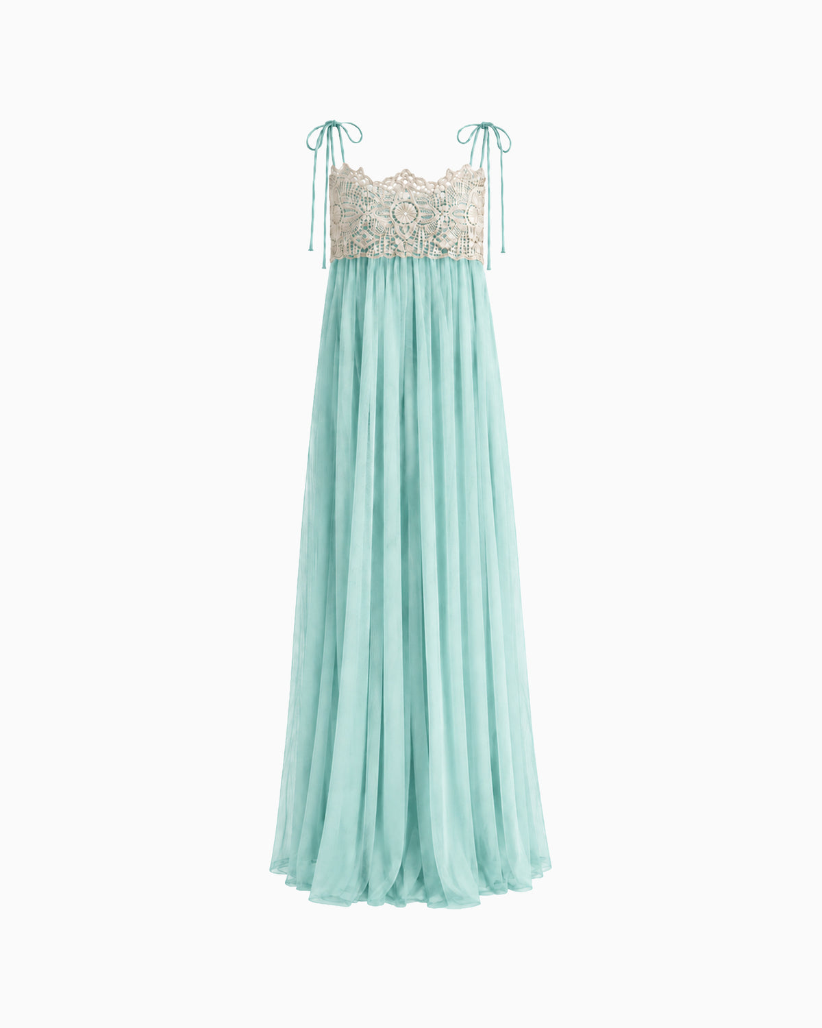 Vestido Longo Tule Com Renda acqua, com busto bege rendado, alças de amarração e saia ampla de tule, vista frontal em fundo branco