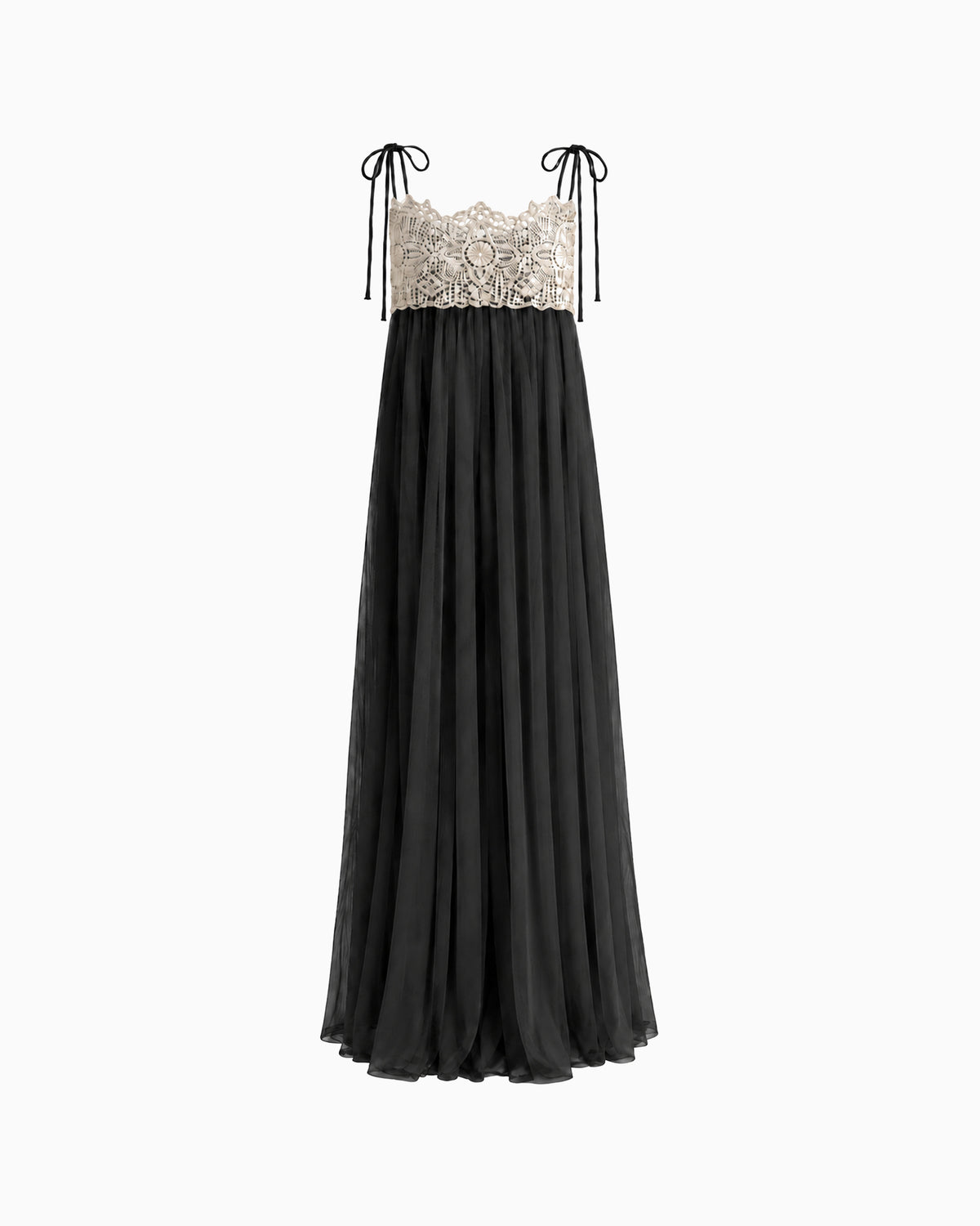 Vestido Longo Tule Com Renda preto, com busto bege rendado, alças de amarração e saia ampla de tule, vista frontal em fundo branco