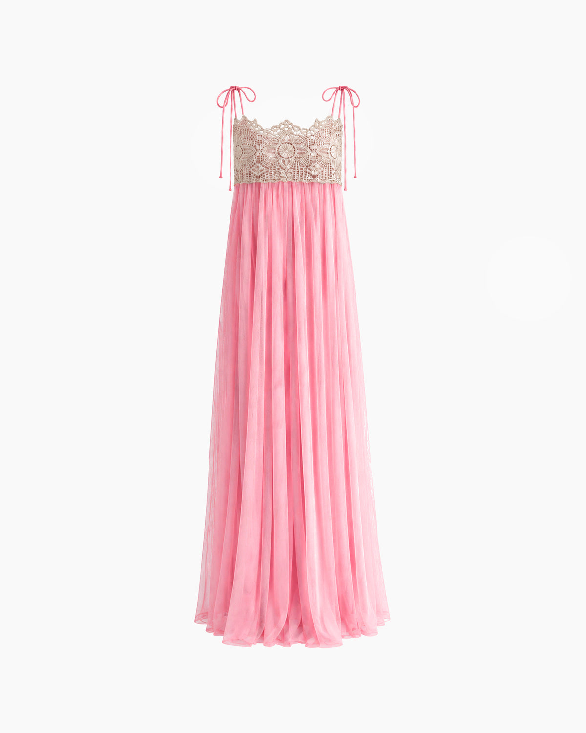 Vestido Longo Tule Com Renda rosa, com busto bege rendado, alças de amarração e saia ampla de tule, vista frontal em fundo branco