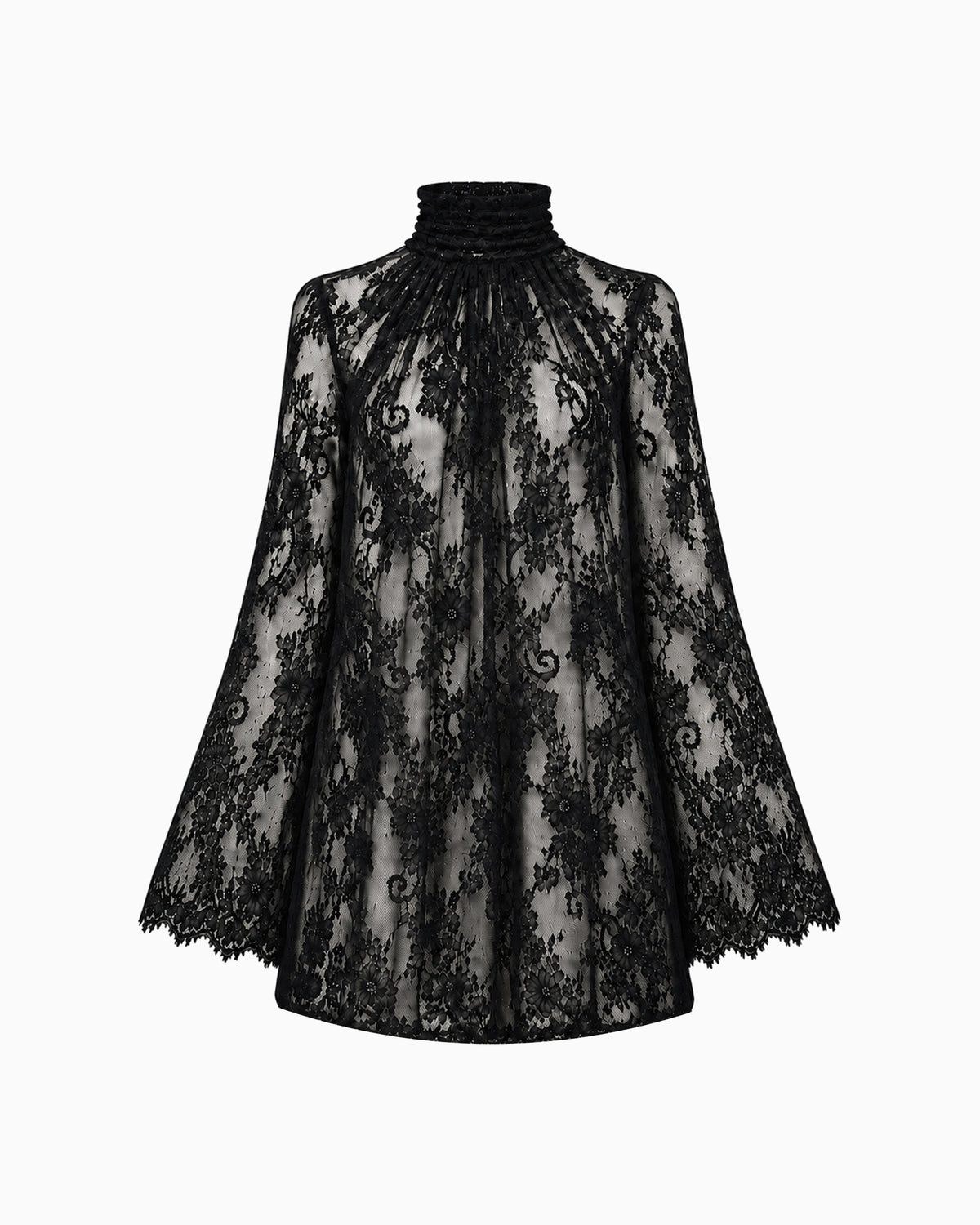 Vestido Manga Flare Gola Renda Haze preto, renda transparente com gola alta franzida, mangas flare e barra reta, peça sozinha