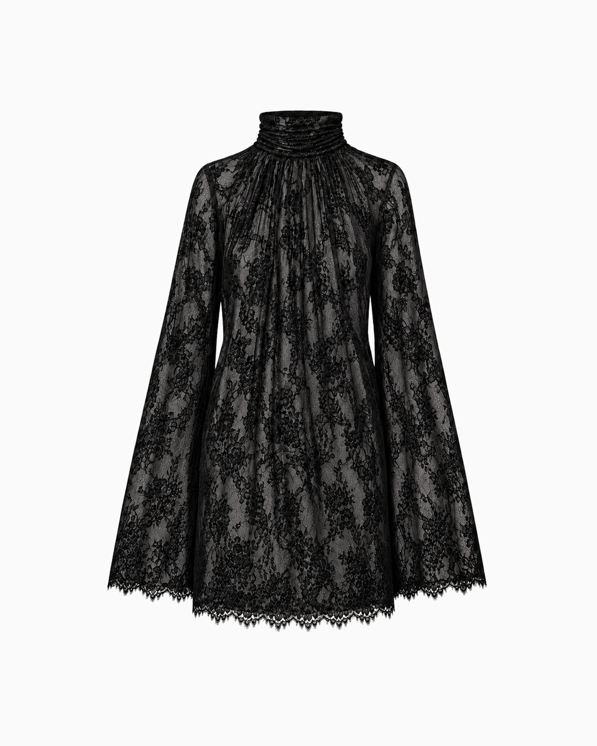 Vestido Manga Longa Flare Gola Alta Renda Haze preto, vista frontal da peça