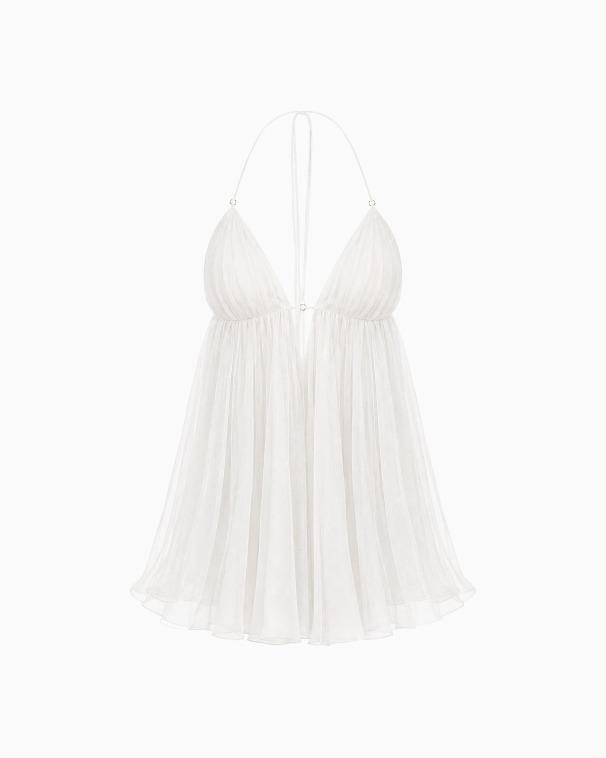 Vestido Midi Frente Única branco com decote profundo e saia plissada, vista frontal