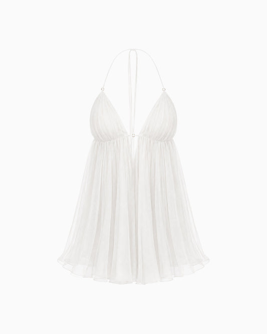 Vestido Midi Frente Única branco com decote profundo e saia plissada, vista frontal