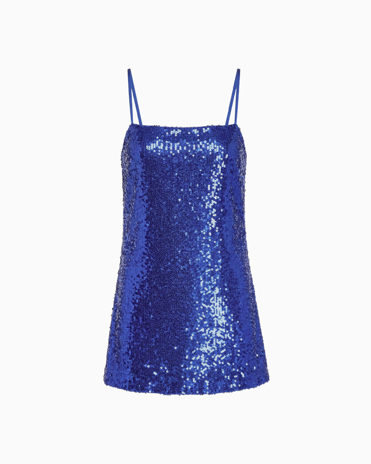 Vestido Paetê Aura azul de paetês, curto, com alças finas e decote reto, peça solta em fundo claro