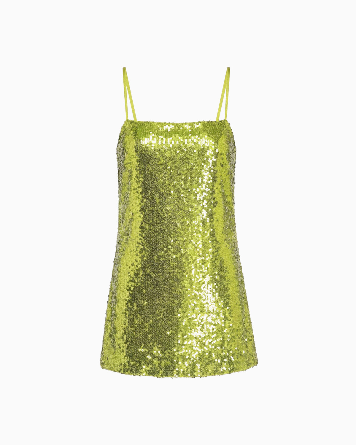 Vestido Paetê Aura verde de paetês, curto, com alças finas e decote reto, peça solta em fundo claro
