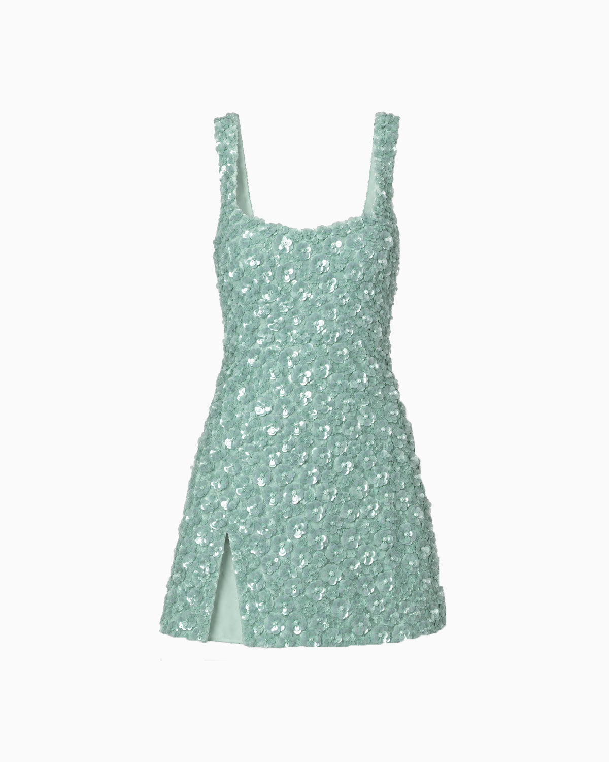 Vestido Paetê Floral Turquesa com decote reto, alças largas e fenda frontal, peça sozinha