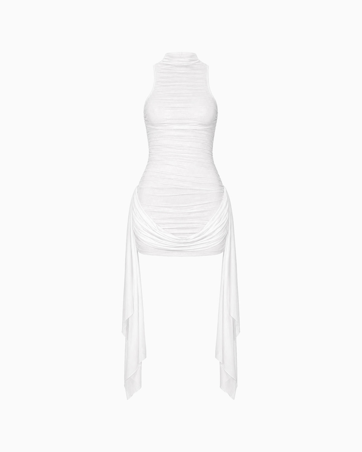 Vestido Sem Manga Tule Faixa Lateral branco com gola alta, drapeados e faixas laterais