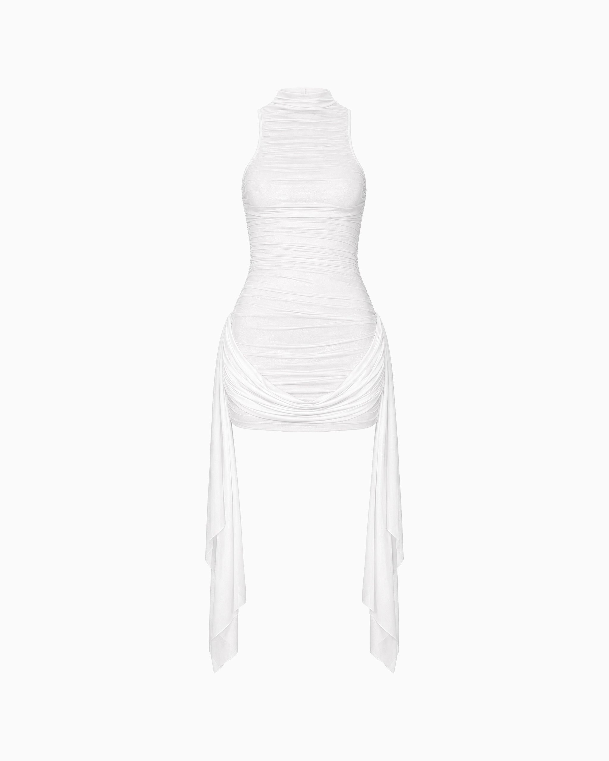 Vestido Sem Manga Tule Faixa Lateral branco com gola alta, drapeados e faixas laterais