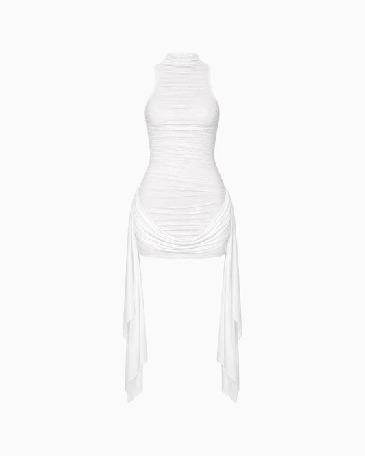 Vestido Sem Manga Tule Faixa Lateral branco com gola alta, drapeados e faixas laterais