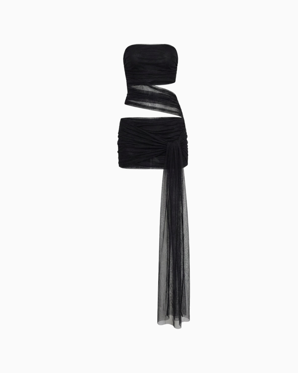 Vestido Siena tomara que caia preto em tule franzido, com recorte vazado na cintura e faixa longa que cai ao lado