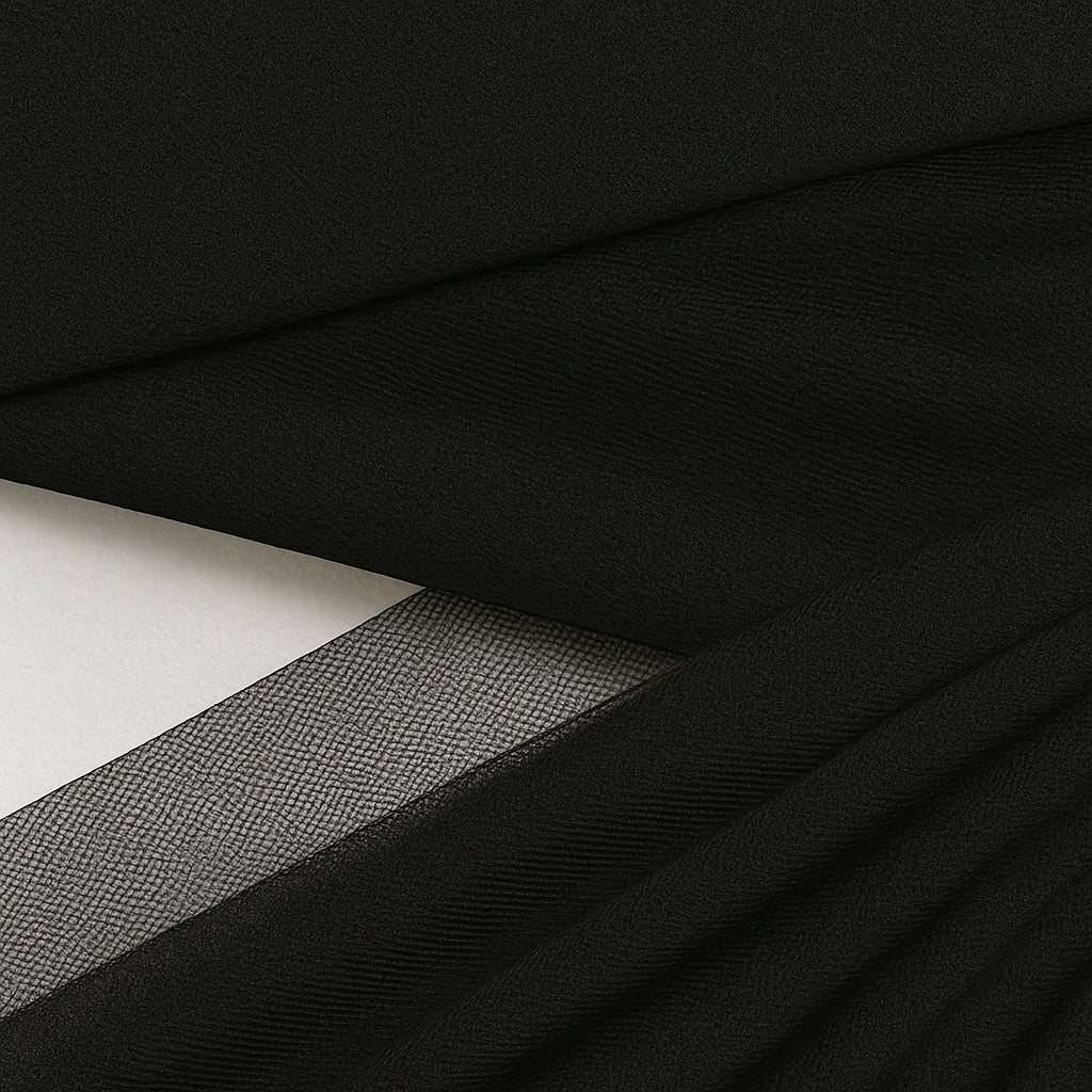 Detalhe do tule preto do Vestido Siena mostrando camada franzida e faixa transparente do drapeado