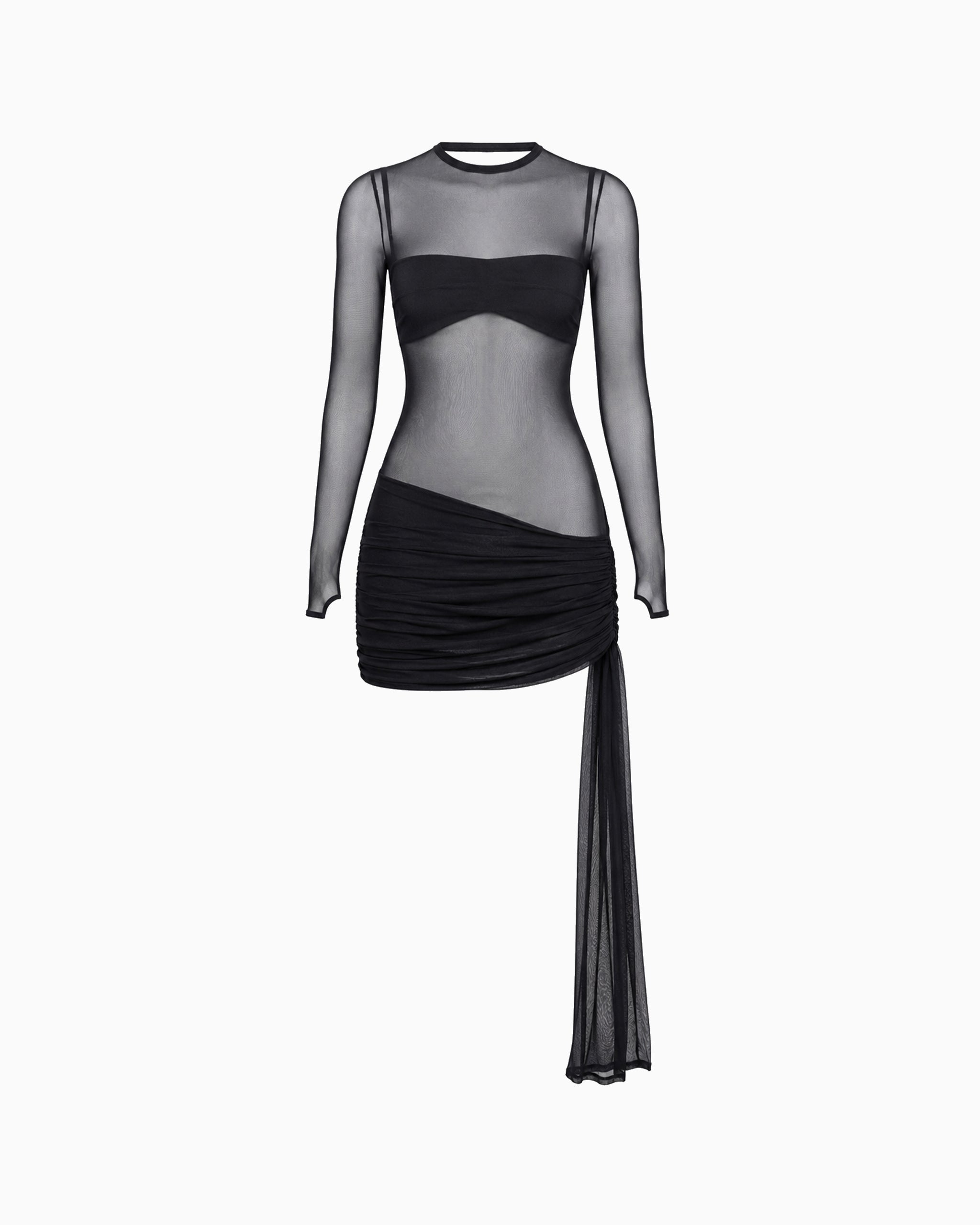 Vestido Tule Faixas Laterais preto de manga longa com drapeado e faixa lateral assimétrica