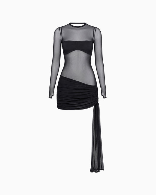 Vestido Tule Faixas Laterais preto de manga longa com drapeado e faixa lateral assimétrica